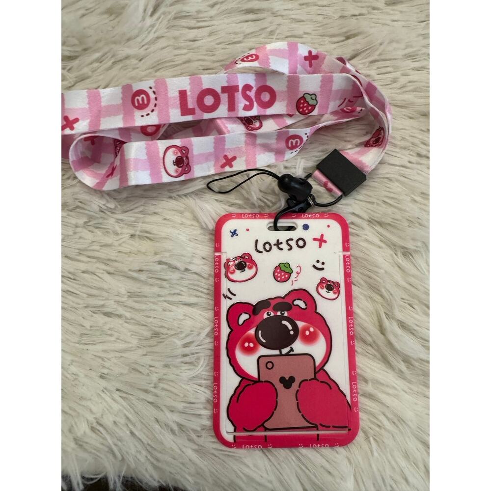 LOTSO strawberry bear lanyard ID holder with bear holding a phone & strawberries